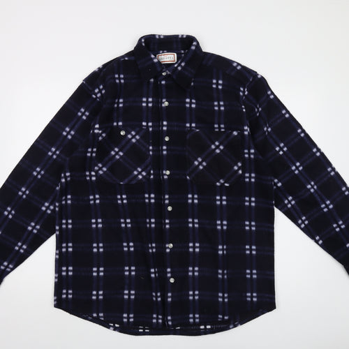 Argatta Mens Blue Plaid Polyester Button-Up Size L Collared Button