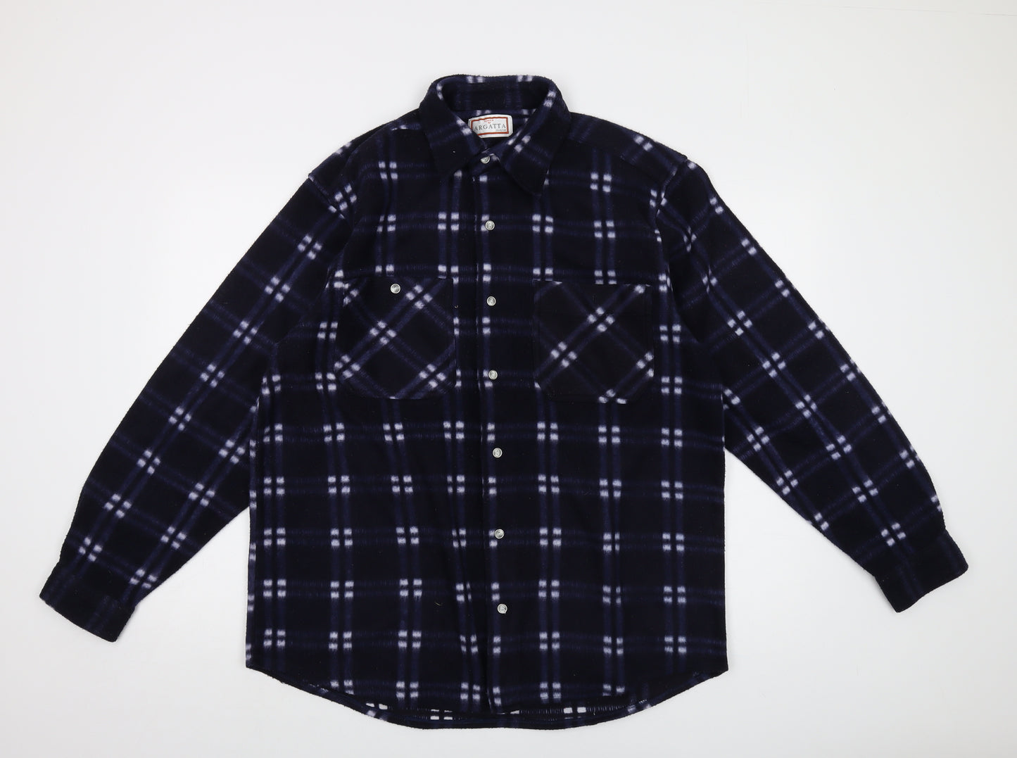 Argatta Mens Blue Plaid Polyester Button-Up Size L Collared Button