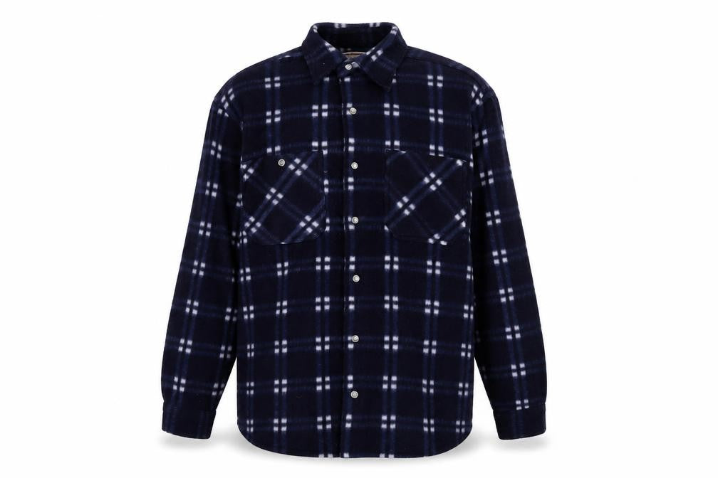 Front view of Argatta men’s blue plaid polyester button-up, size L, collared button