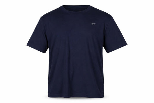 Front view of Reebok men’s blue cotton t-shirt, size XL, crew neck