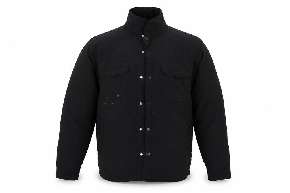 Front view of Brave Soul men’s black jacket, size L, zip