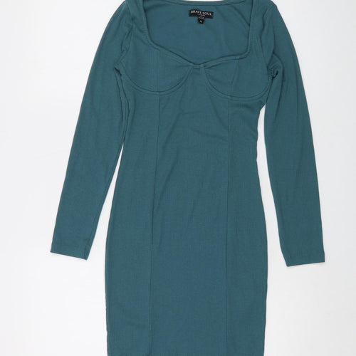 Brave Soul Womens Green Cotton Bodycon Size XS V-Neck Pullover