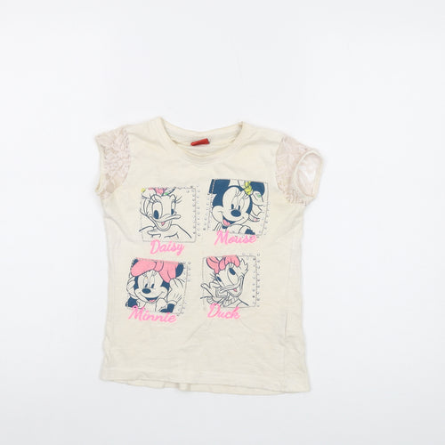 Disney Girls Ivory Cotton Basic T-Shirt Size 5-6 Years Crew Neck Pullover - Mickey Mouse
