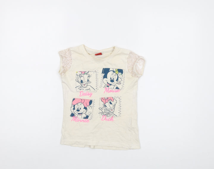 Disney Girls Ivory Cotton Basic T-Shirt Size 5-6 Years Crew Neck Pullover - Mickey Mouse