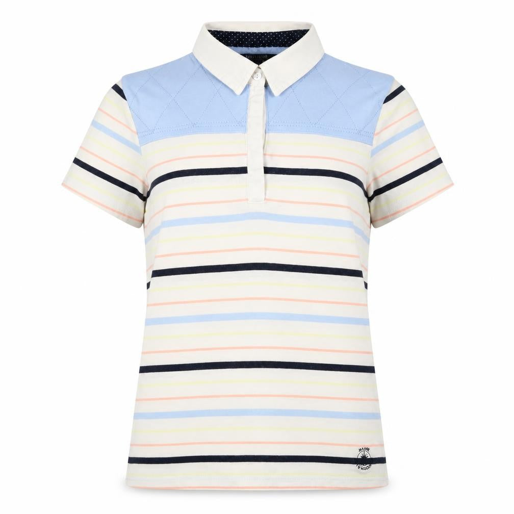 Front view of Maine New England women’s multicoloured striped cotton basic polo, size UK 12, collared