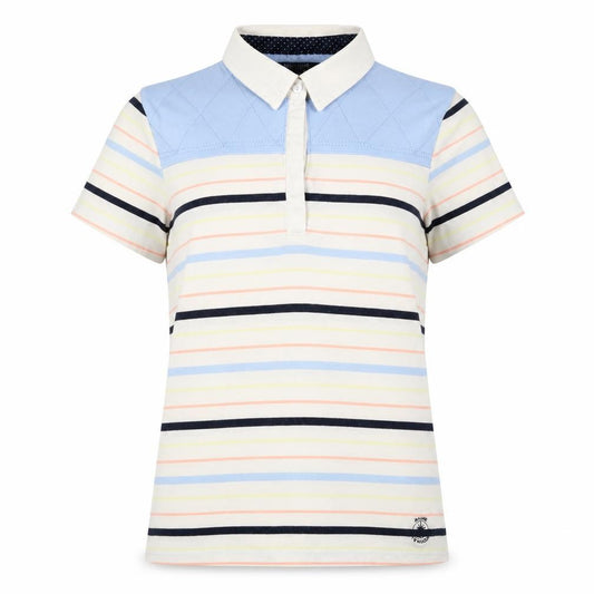 Front view of Maine New England women’s multicoloured striped cotton basic polo, size UK 12, collared