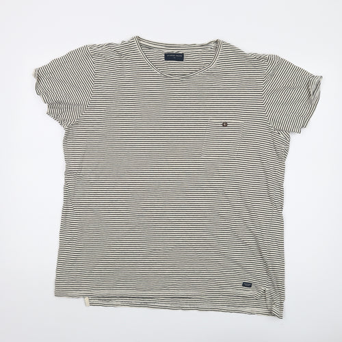 The Academy Brand Mens Beige Striped Cotton T-Shirt Size 2XL Round Neck