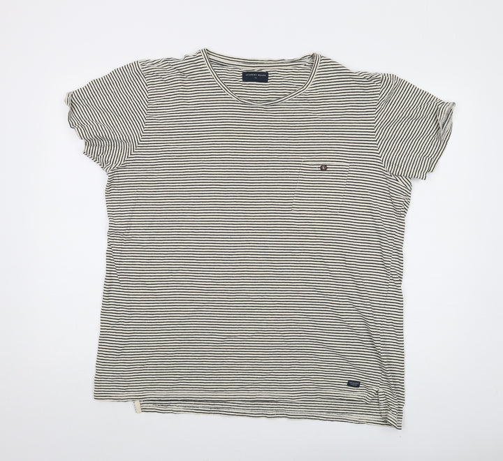 The Academy Brand Mens Beige Striped Cotton T-Shirt Size 2XL Round Neck