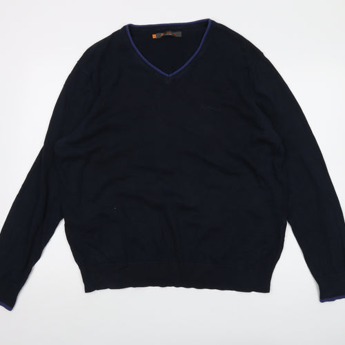 Ben Sherman Mens Blue V-Neck Cotton Pullover Jumper Size XL Long Sleeve