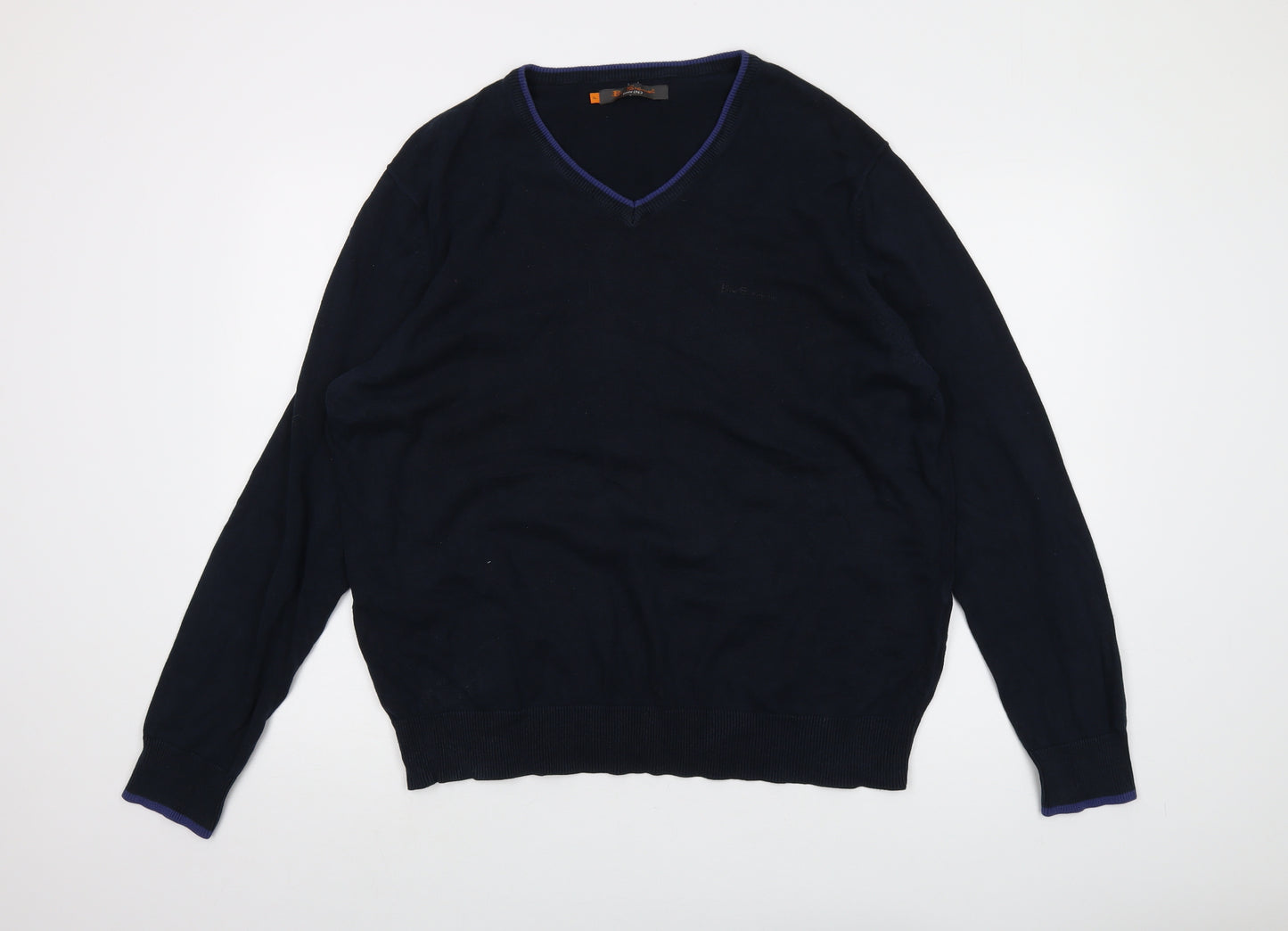 Ben Sherman Mens Blue V-Neck Cotton Pullover Jumper Size XL Long Sleeve