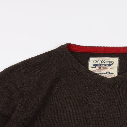 St George Mens Brown V-Neck Wool Pullover Jumper Size M Long Sleeve