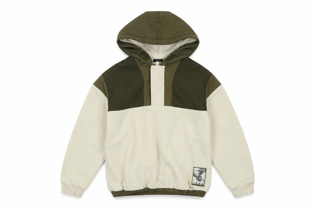 Front view of IKKS boys’ ivory polyester pullover hoodie, size 8, years zip