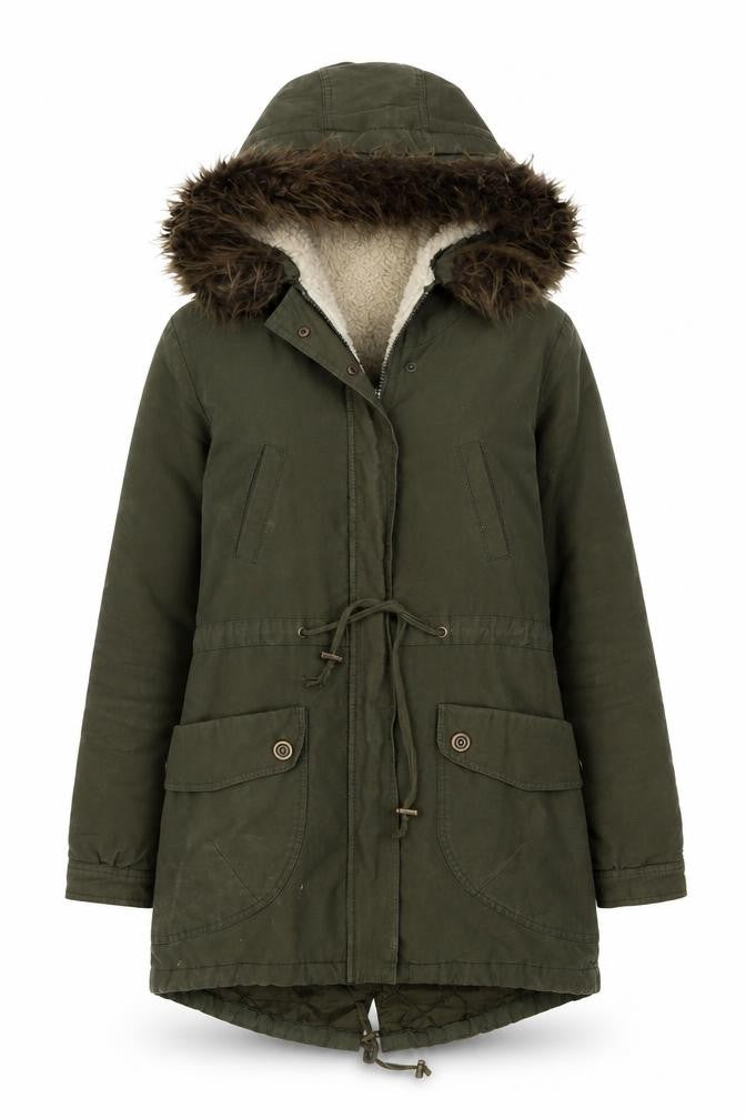 Front view of MODO women’s green parka coat, size UK 6, zip