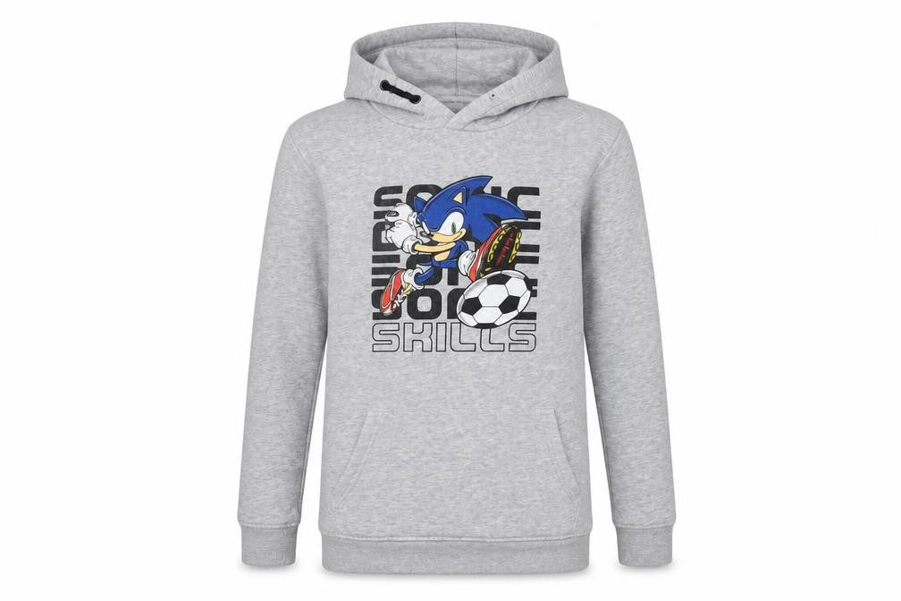 Front view of Sonic boys’ grey cotton pullover hoodie, size 12-13, years pullover