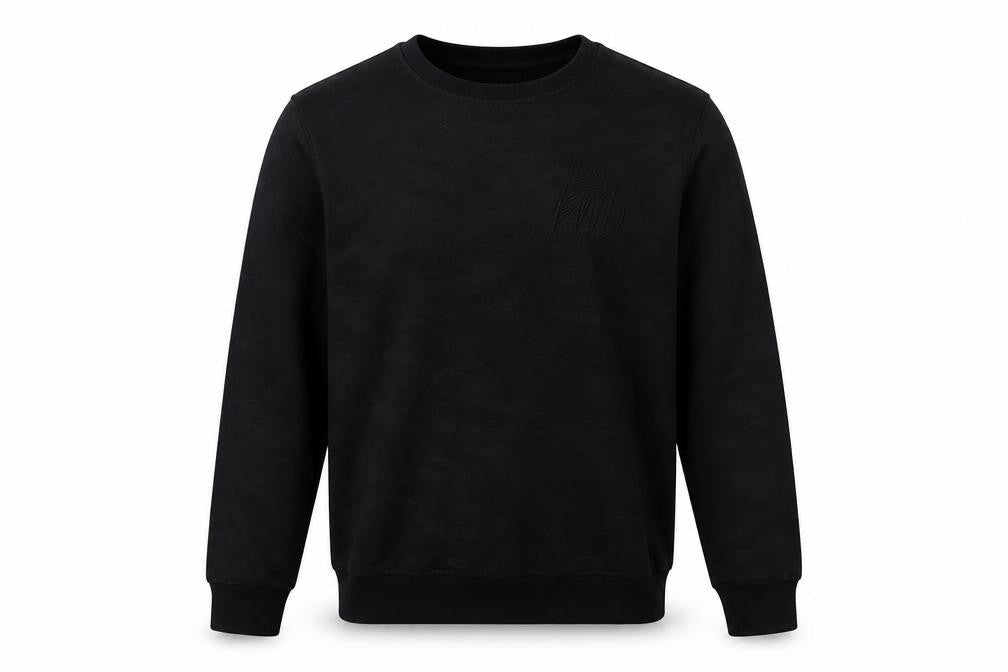 Front view of KWD men’s black cotton pullover sweatshirt, size M
