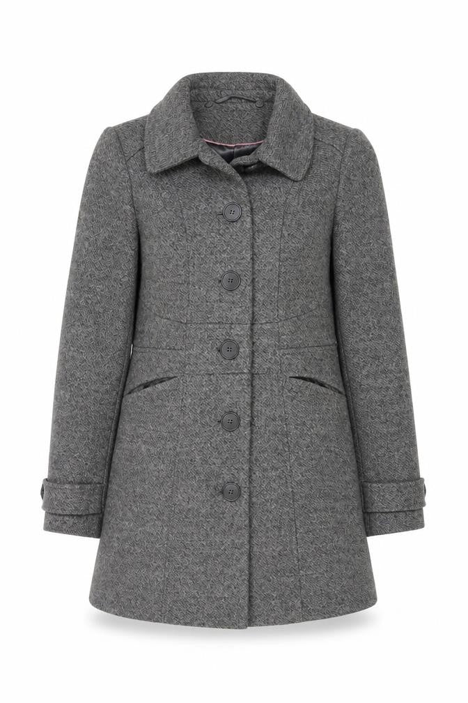Front view of Oasis women’s grey overcoat coat, size S, button