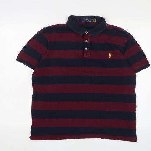 Polo Ralph Lauren Mens Purple Striped Cotton Polo Size XL Collared Button - Logo, Embroidered