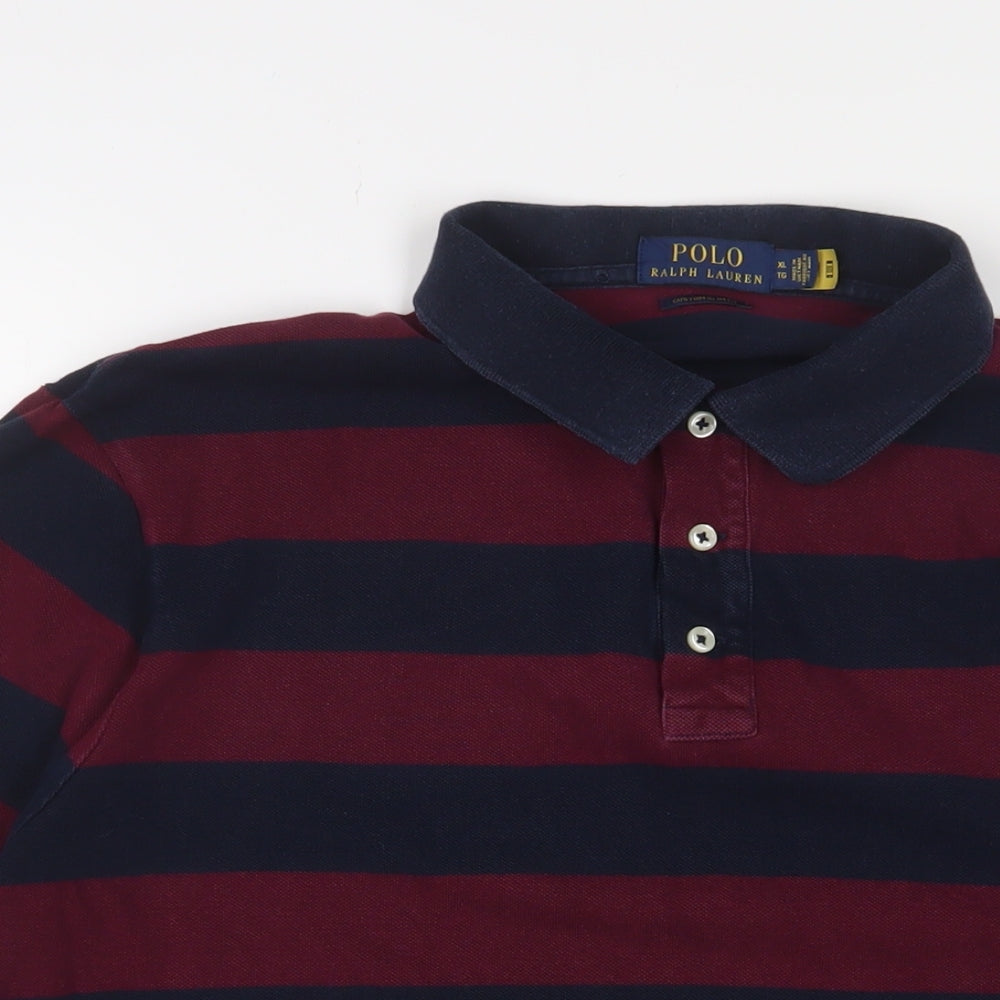 Polo Ralph Lauren Mens Purple Striped Cotton Polo Size XL Collared Button - Logo, Embroidered