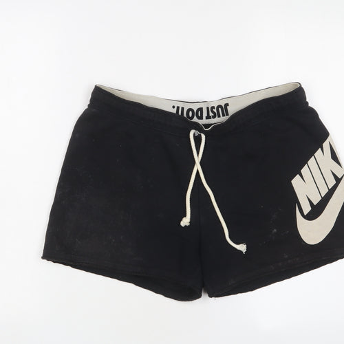 Nike Womens Black Cotton Sweat Shorts Size M L3 in Regular Drawstring - Logo