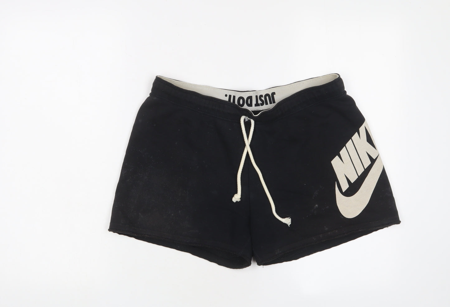 Nike Womens Black Cotton Sweat Shorts Size M L3 in Regular Drawstring - Logo