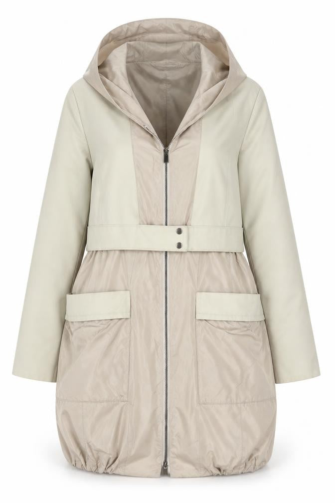 Front view of Penny Black women’s beige overcoat jacket, size UK 14, zip - belted