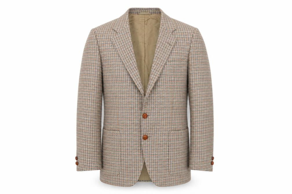 Front view of Geoffrey Gillow men’s brown plaid wool jacket suit jacket, size 40, regular