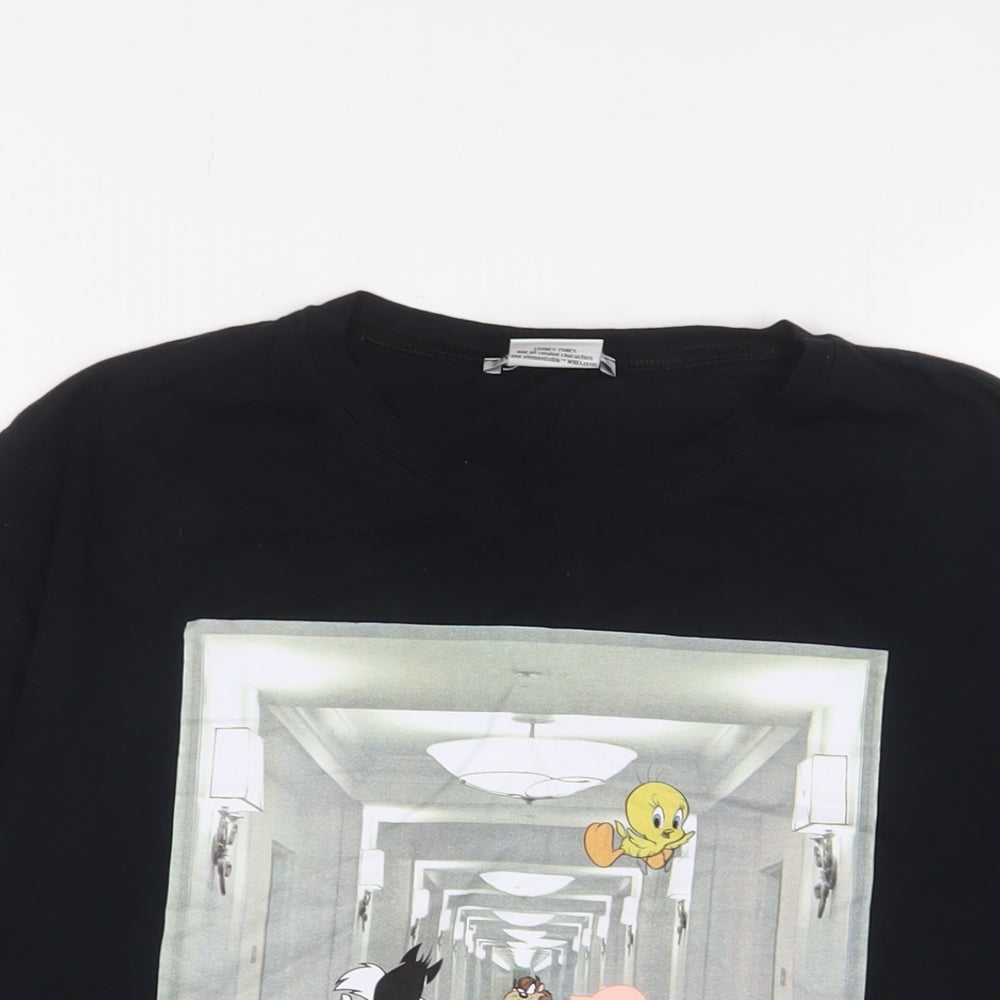 Zara Womens Black Cotton Basic T-Shirt Size S Crew Neck - Looney Tunes
