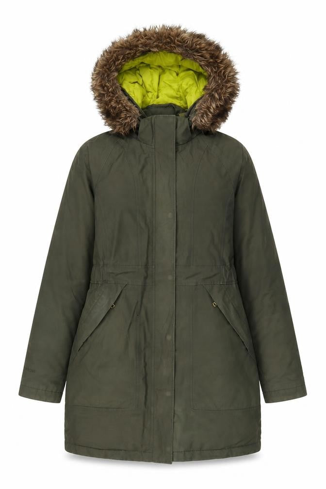 Front view of Decathlon women’s green parka coat, size S, zip - logo, embroidered