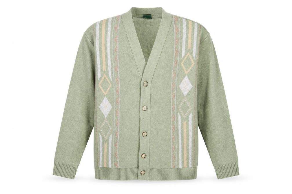 Ben Brook Mens Green V-Neck Fair Isle Cotton Cardigan Jumper Size S Long Sleeve