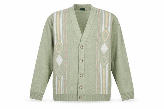 Front view of Ben Brook men’s green v-neck fair isle cotton cardigan jumper, size S, long sleeve