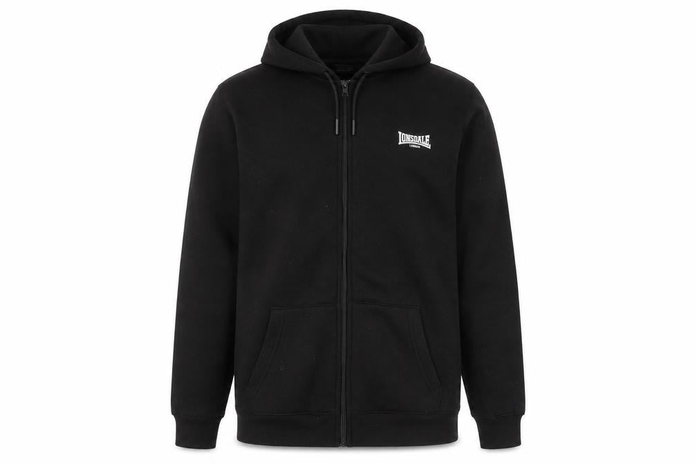Front view of Lonsdale men’s black polyester full zip hoodie, size S, - logo