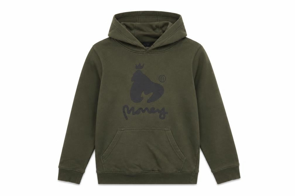 Front view of Money boys’ green cotton pullover hoodie, size 9-10, years pullover - logo