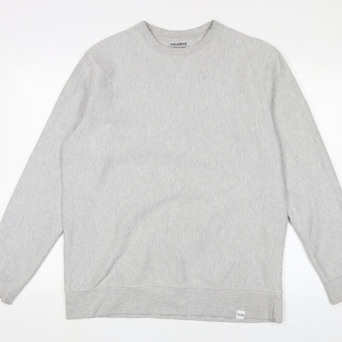 Pull&Bear Mens Grey Cotton Pullover Sweatshirt Size L - Logo, Embroidered