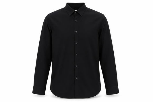 Front view of LC Waikiki men’s black cotton button-up, size M, collared button