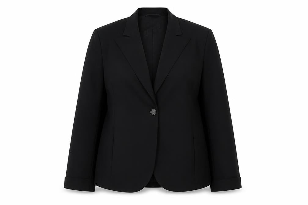 Front view of Rene Lezard women’s black jacket blazer, size UK 12, button