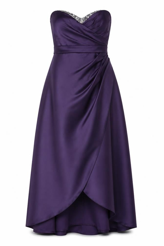 Front view of Alfred Angelo women’s purple polyester a-line, size UK 14, off the shoulder zip - beaded