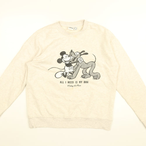 Disney Womens Beige Cotton Pullover Sweatshirt Size 2XS Pullover - Mickey Mouse and Pluto