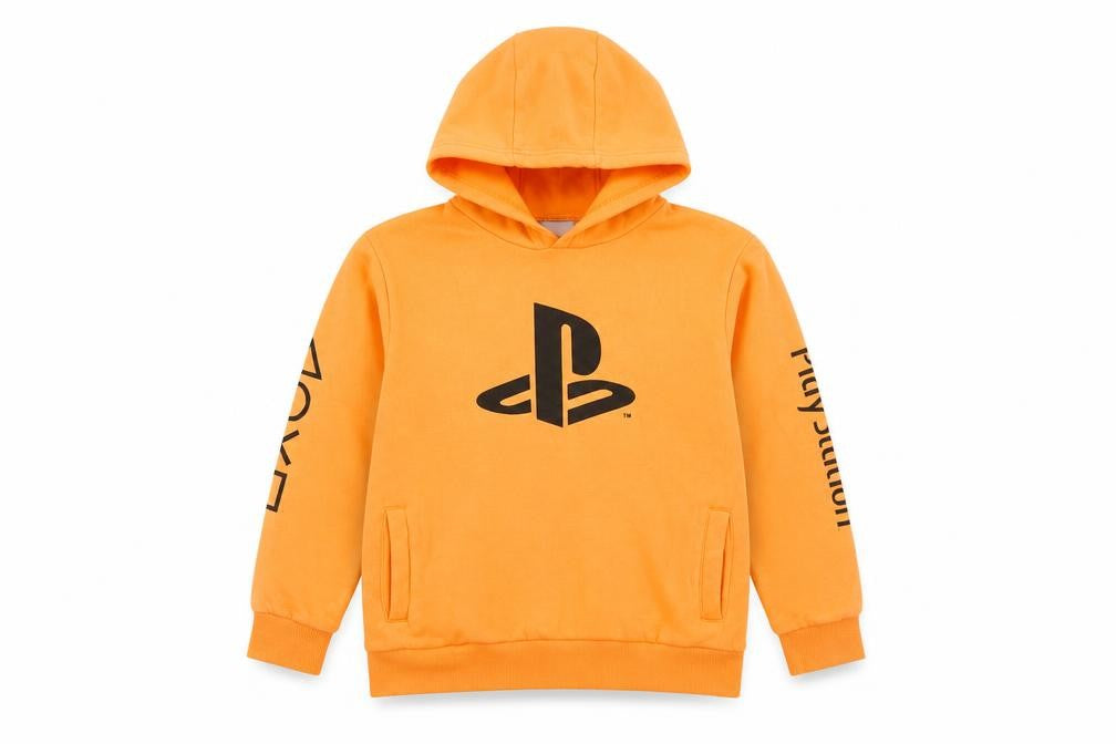 Front view of PlayStation boys’ orange cotton pullover hoodie, size 9, years pullover - playstation