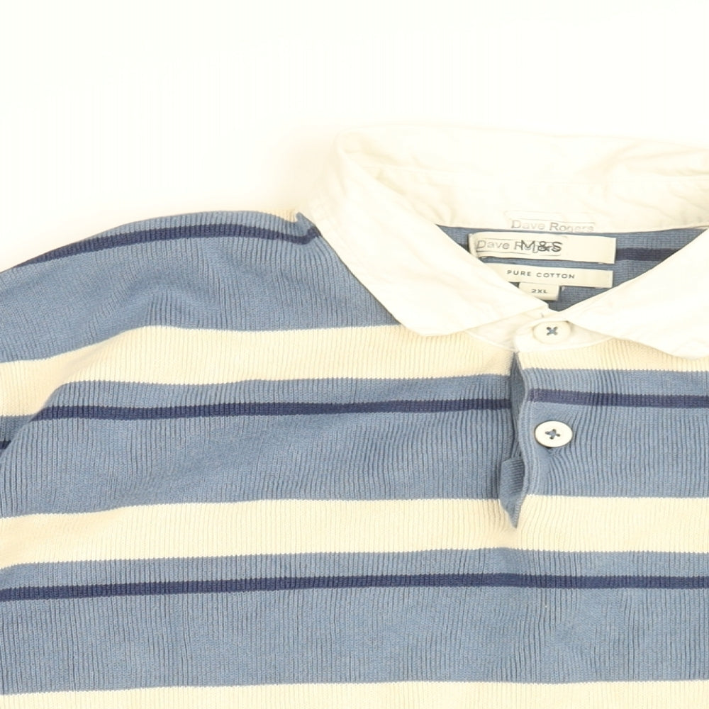 Marks and Spencer Mens Blue Striped Cotton Polo Size 2XL Collared Button