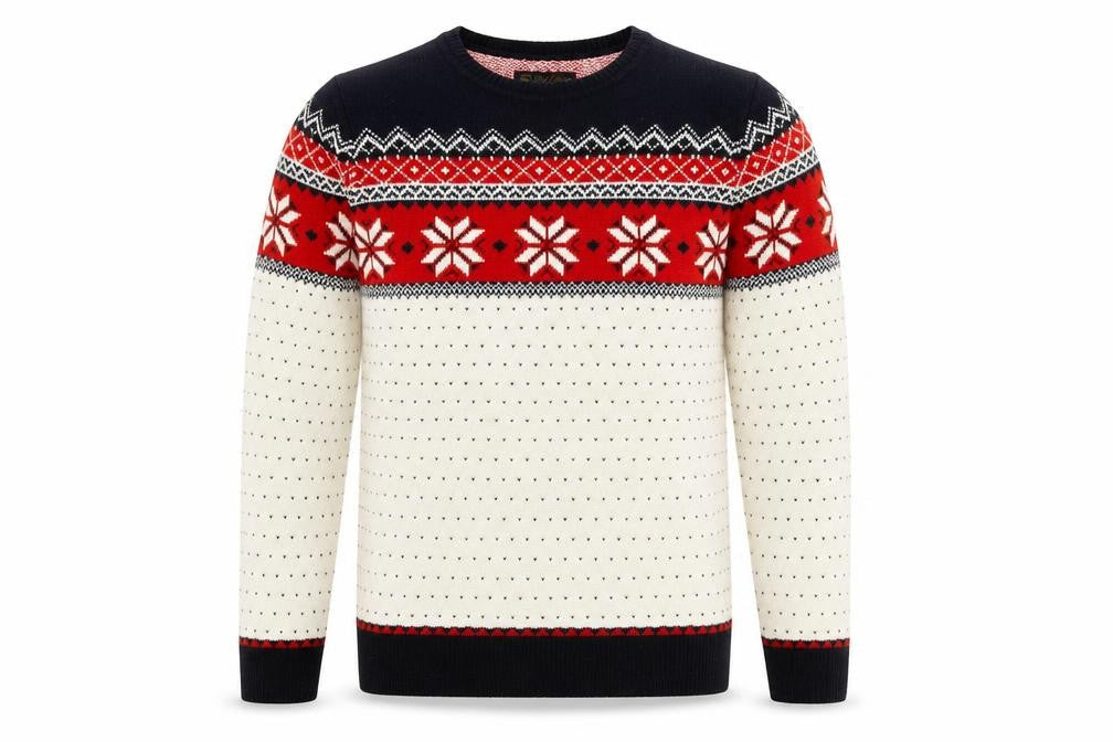 Front view of Red Herring men’s white round neck geometric acrylic jumper, size M, long sleeve