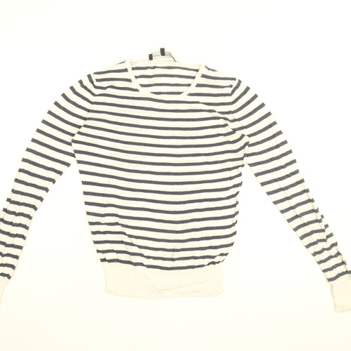 French Connection Womens White Striped Cotton Basic T-Shirt Size S Round Neck