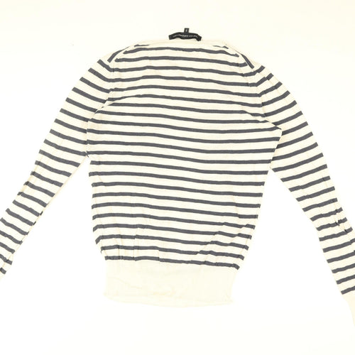 French Connection Womens White Striped Cotton Basic T-Shirt Size S Round Neck