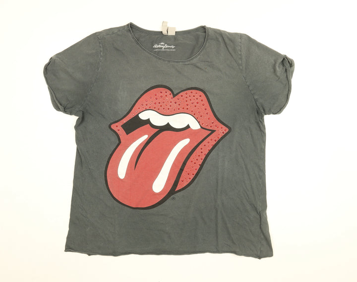 Rolling Stones Womens Grey Cotton Basic T-Shirt Size L Round Neck - Rolling Stones Logo
