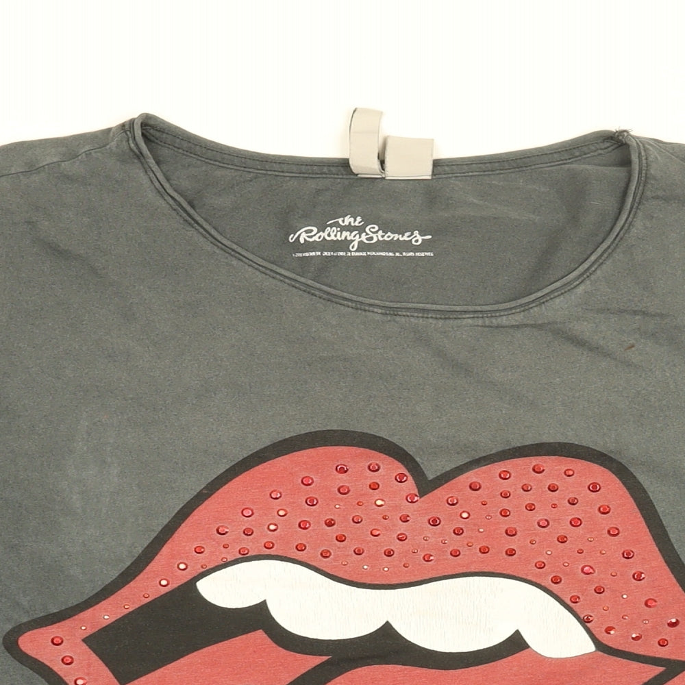 Rolling Stones Womens Grey Cotton Basic T-Shirt Size L Round Neck - Rolling Stones Logo