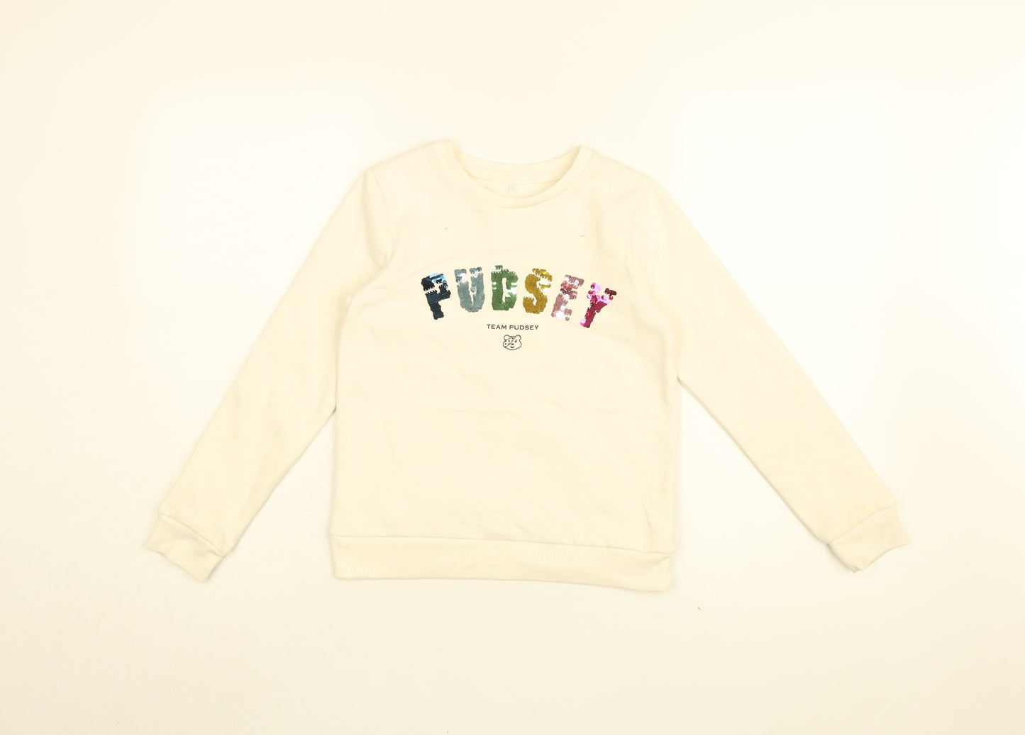 Pudsey Girls White Cotton Pullover Sweatshirt Size 8-9 Years Pullover - Team Pudsey, Sequins