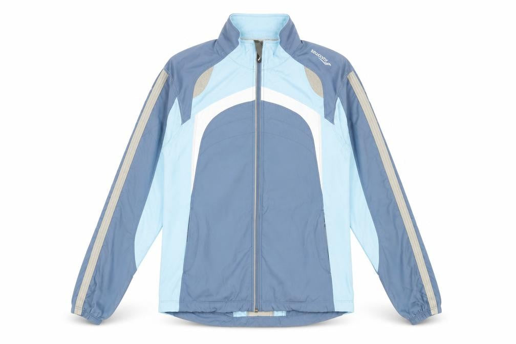 Front view of Saucony women’s blue jacket coat, size S, zip