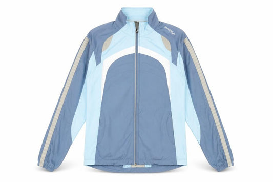 Front view of Saucony women’s blue jacket coat, size S, zip