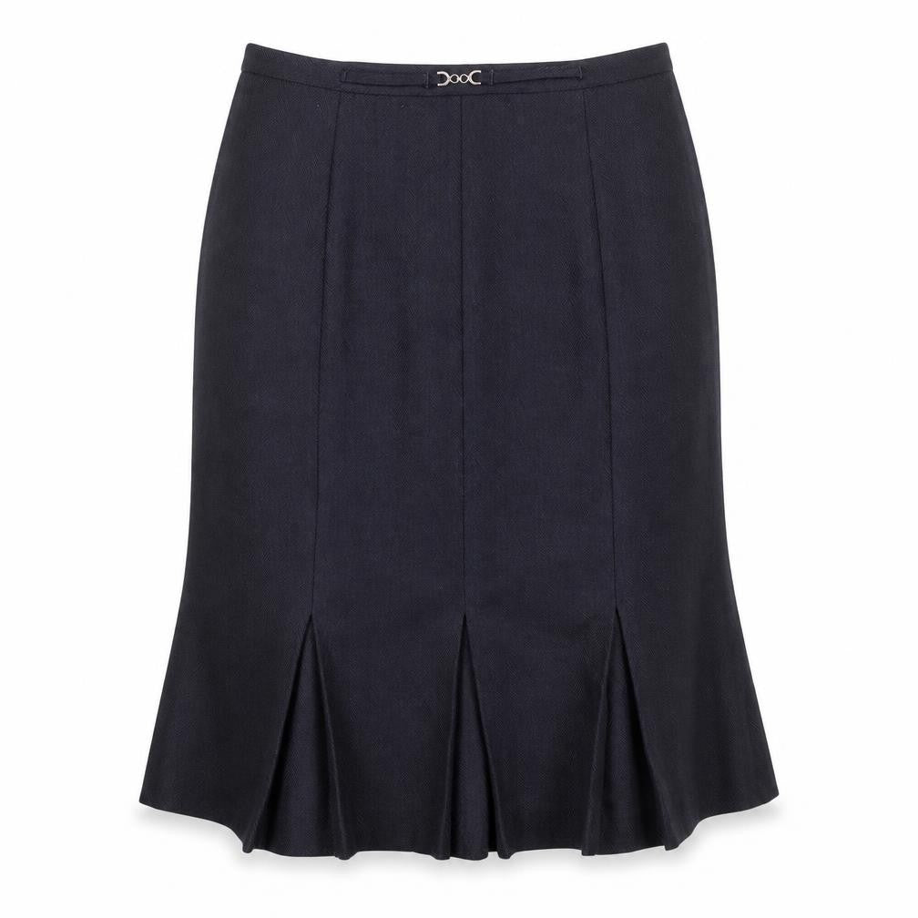 Front view of EWM women’s blue polyester flare skirt, size UK 16, zip