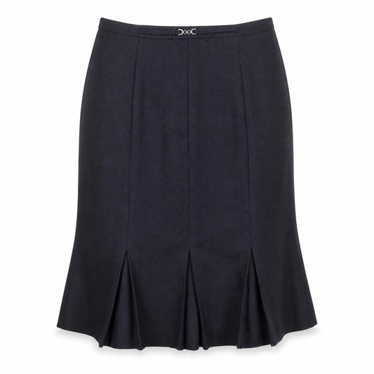 Front view of EWM women’s blue polyester flare skirt, size UK 16, zip