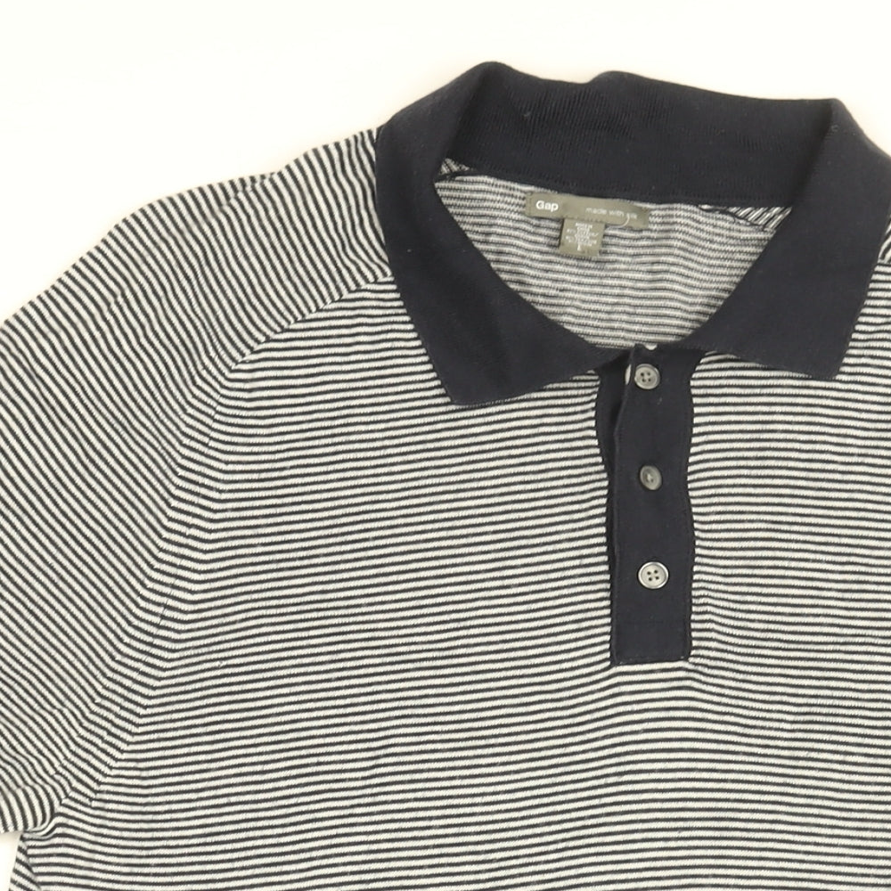 Gap Mens Blue Striped Cotton T-Shirt Size L Collared